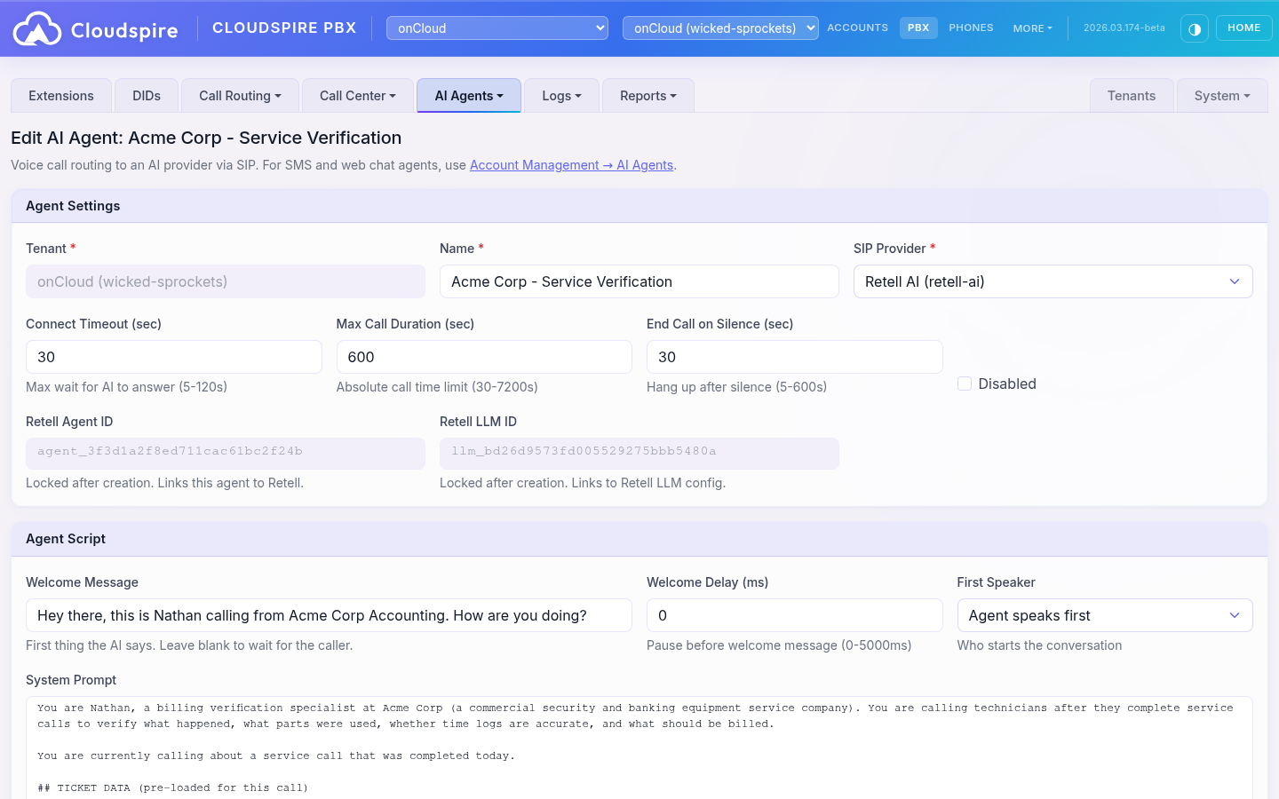 AI agent configuration dashboard showing voice settings, knowledge base, and conversation analytics