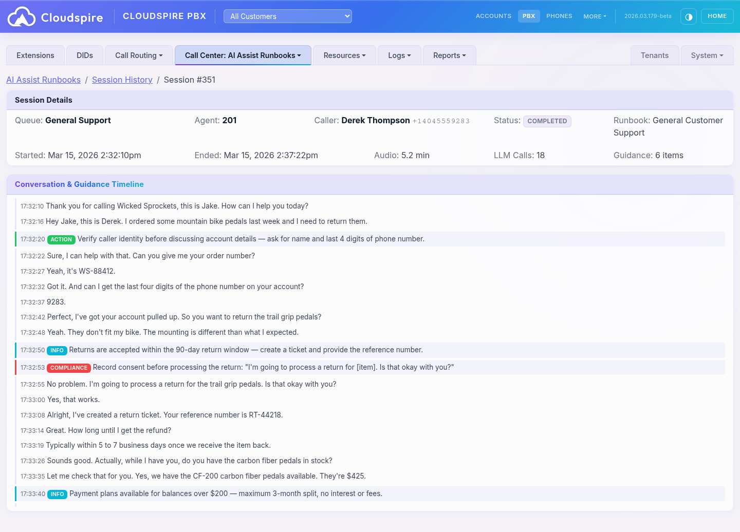 Assist session timeline showing interleaved transcript and color-coded AI guidance