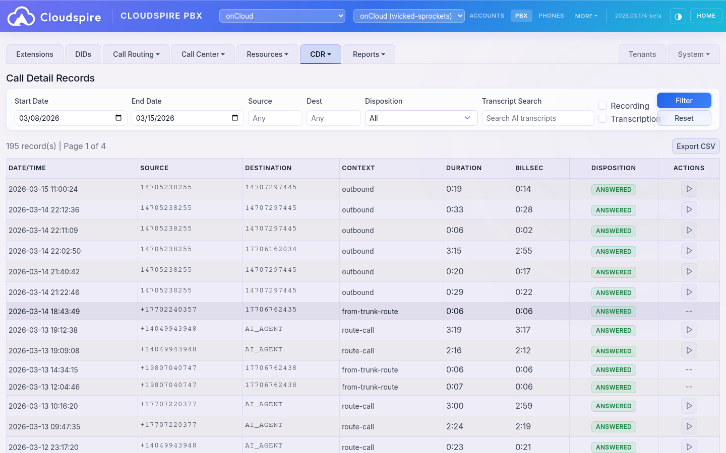 Call detail records showing complete call history with recording playback and tenant isolation