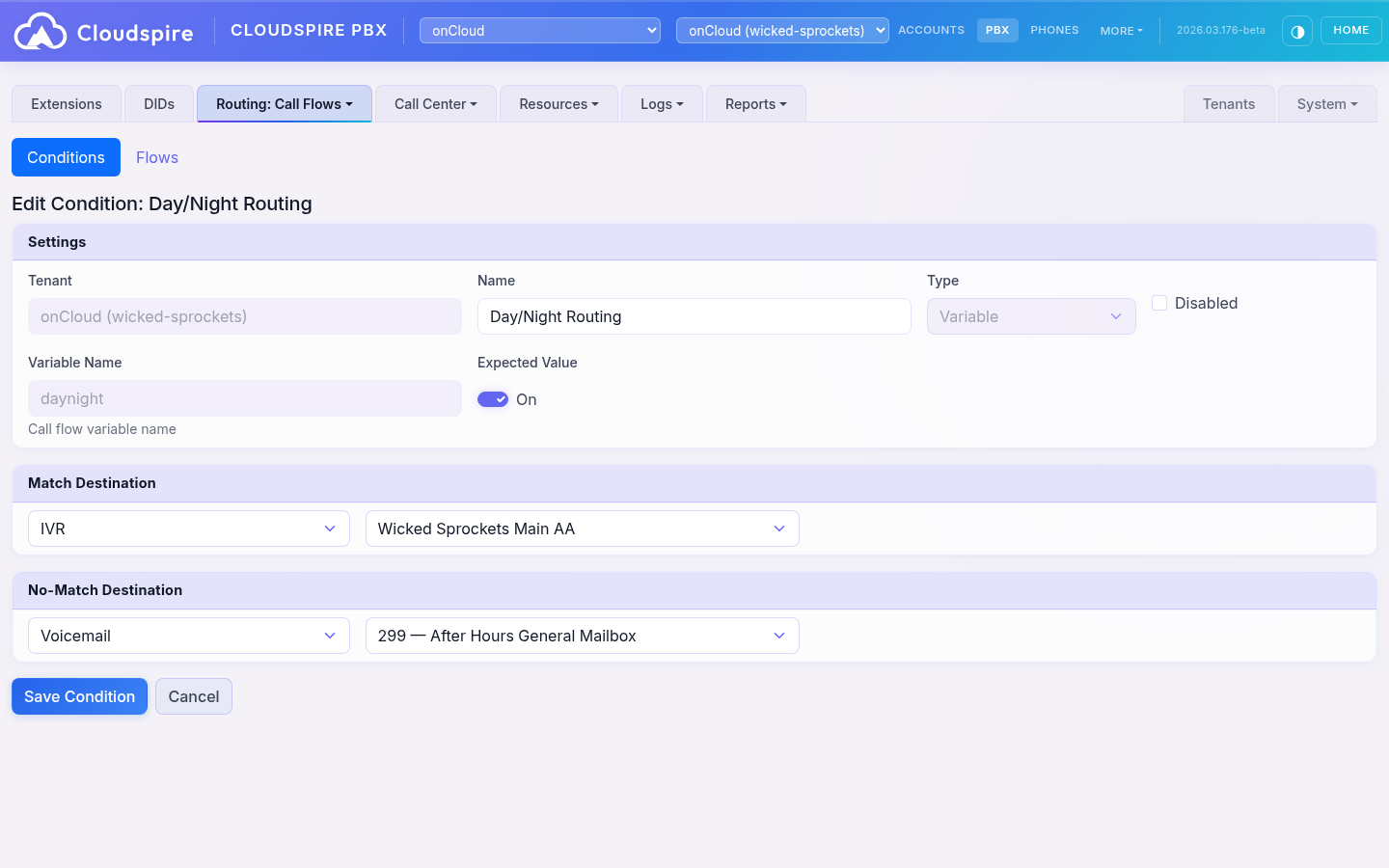 Day/Night Routing Condition with Match and No-Match Destinations