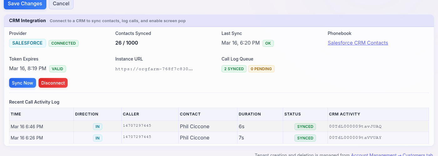 CRM integration configuration showing Salesforce, HubSpot, and Zoho connection settings