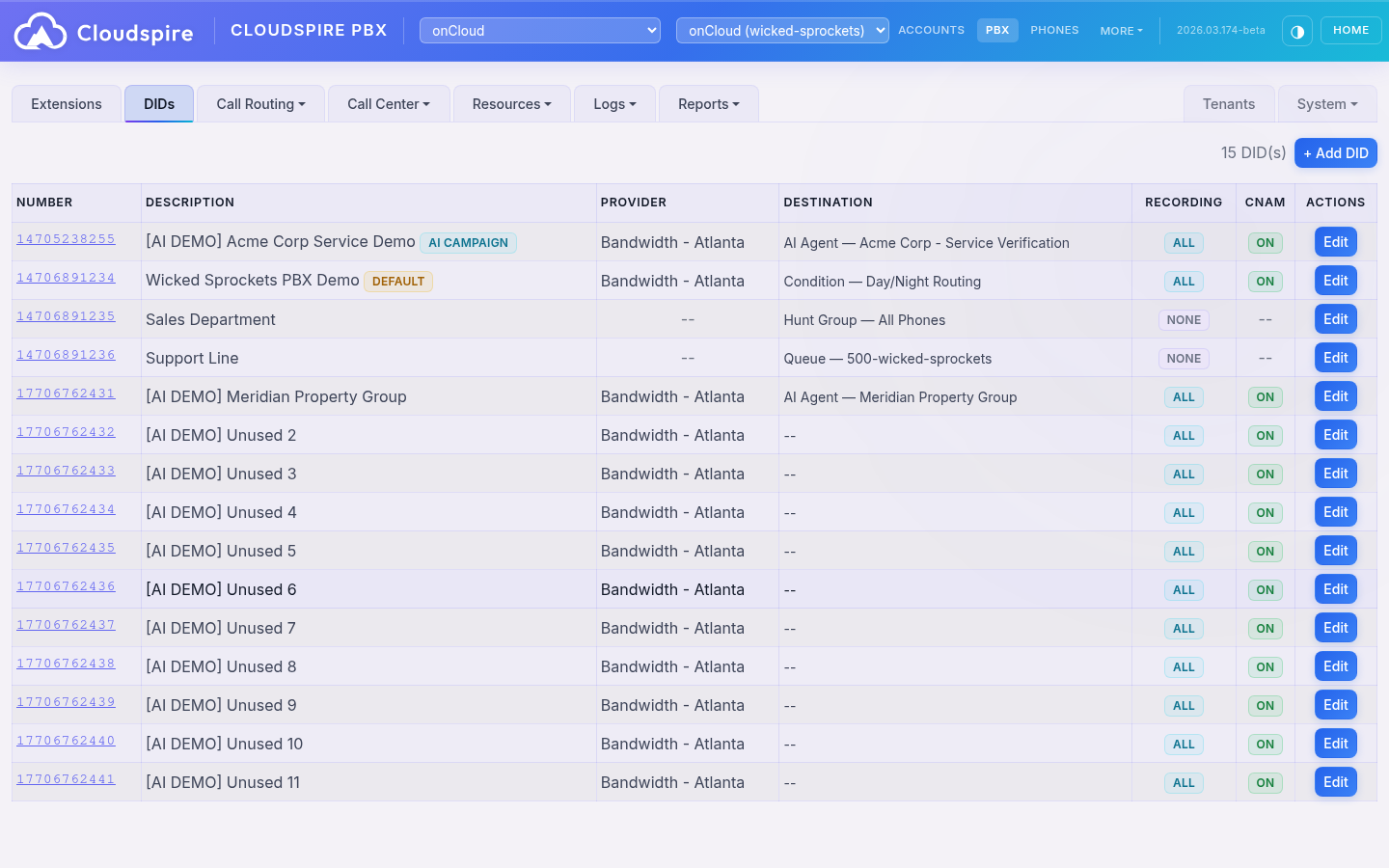 DID phone number management showing routing destinations and AI campaign badges