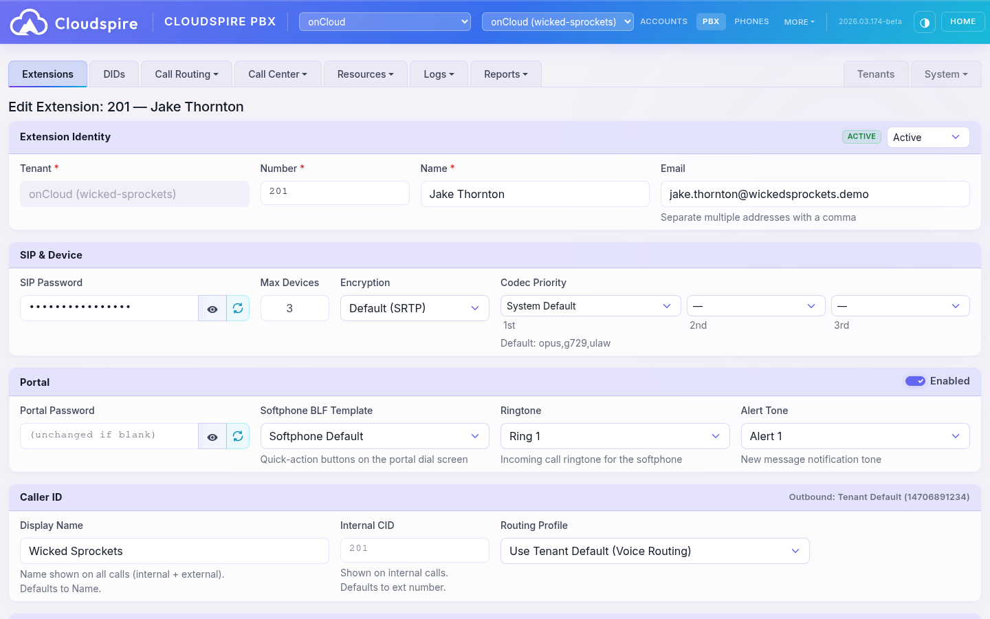 Extensions management dashboard showing user list, status indicators, and configuration options