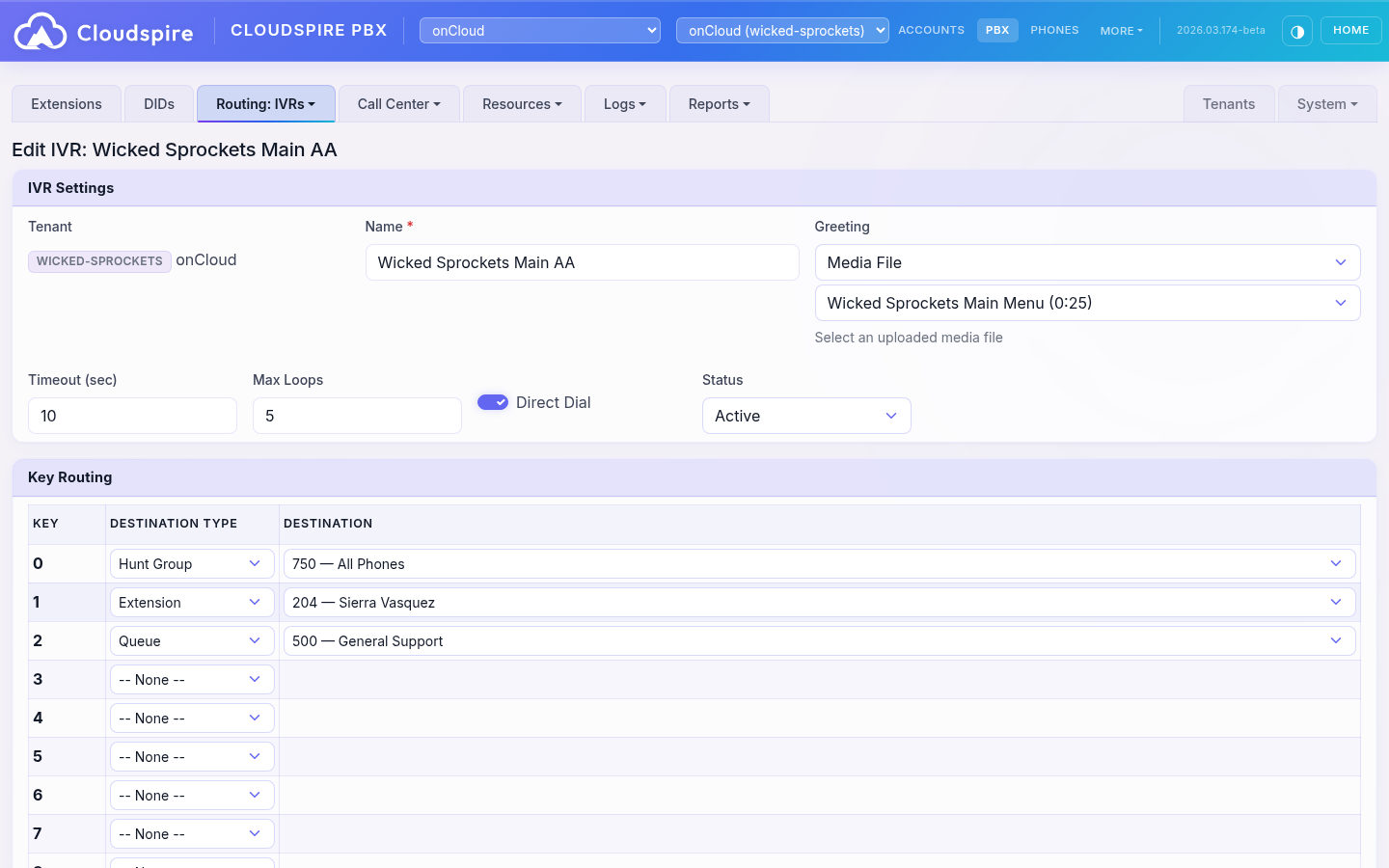 IVR auto-attendant configuration with multi-level menus, greetings, and key press routing