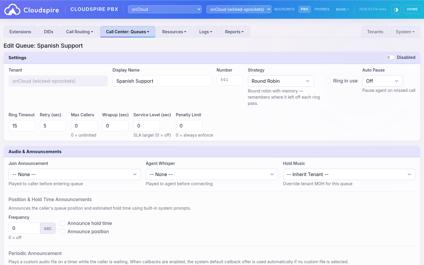 Queue configuration showing routing strategies, skills-based distribution, and announcement settings
