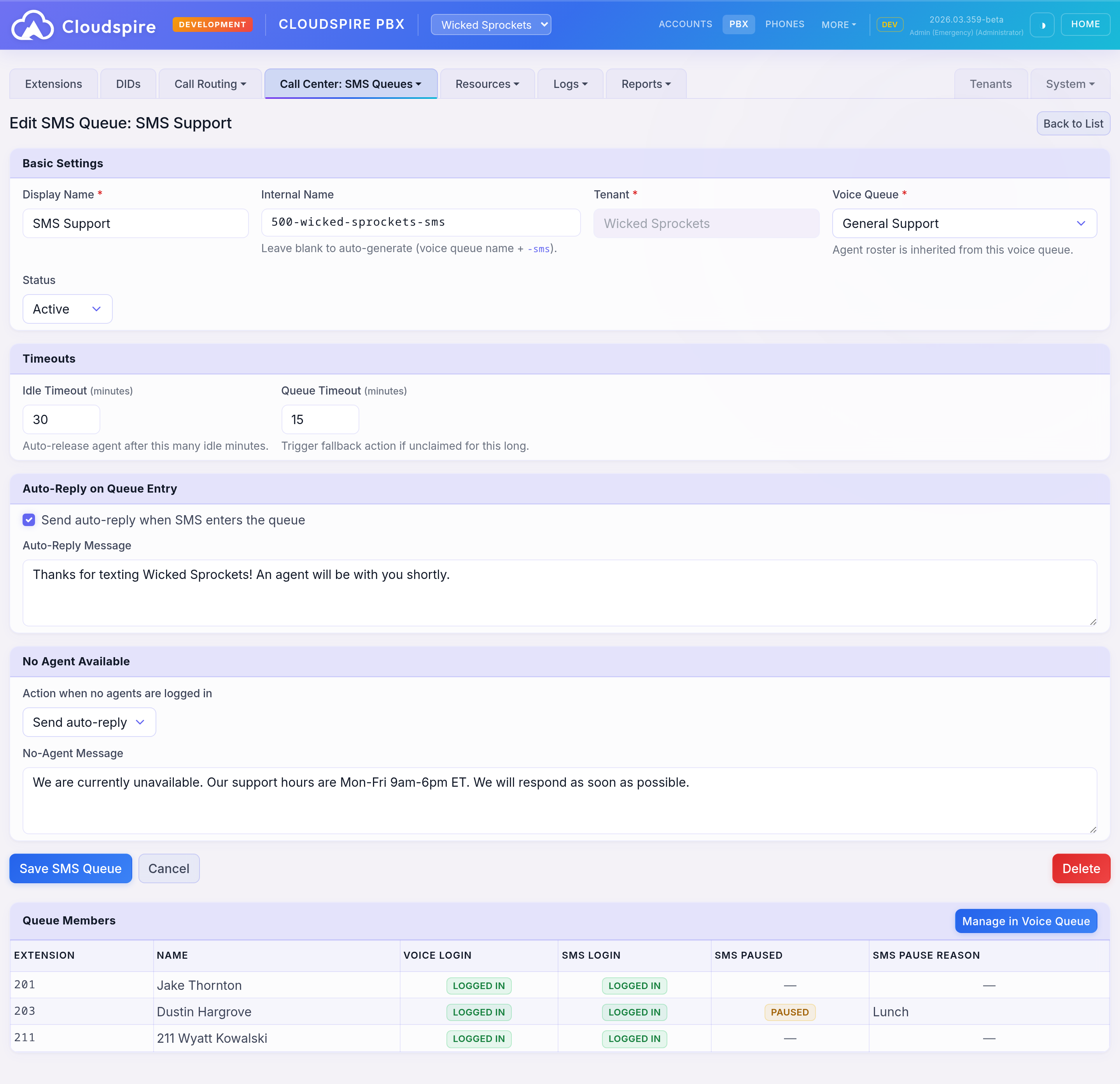 SMS Queue configuration form showing DID, timeouts, and agent settings