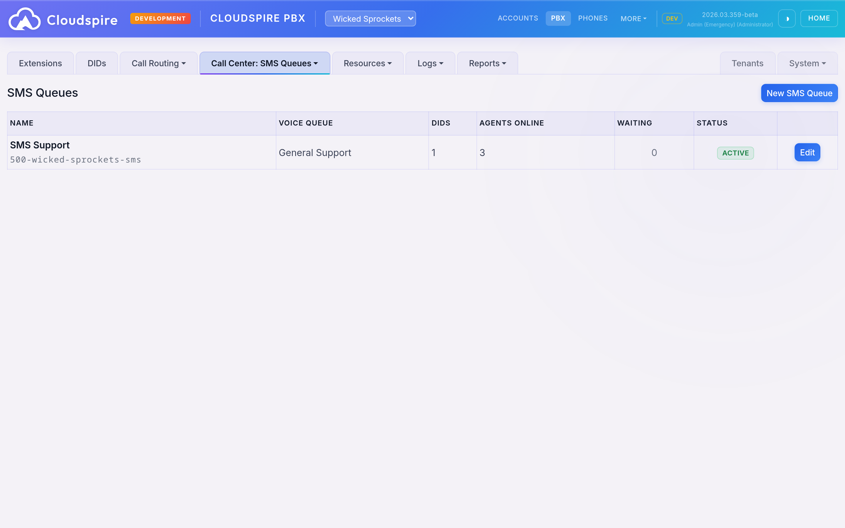 SMS Queues management showing queue list with agent counts and configuration