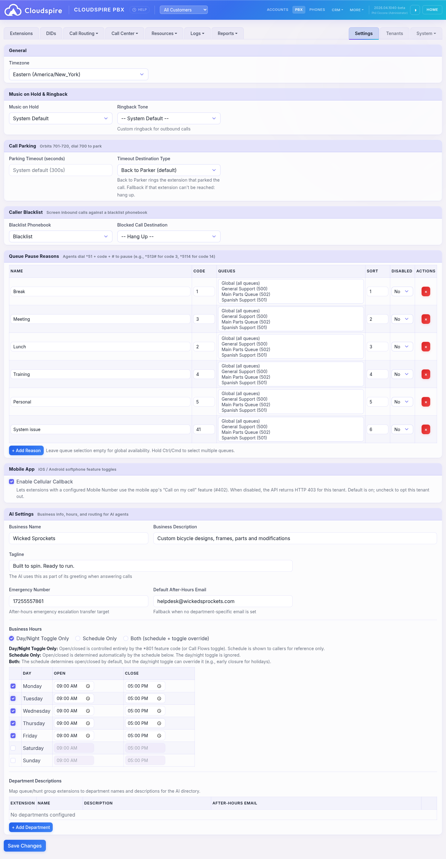 Tenant Settings page showing Cellular Callback enable toggle, Recording Enabled master switch, Back-to-Parker default park-timeout, queue pause reasons, and AI settings