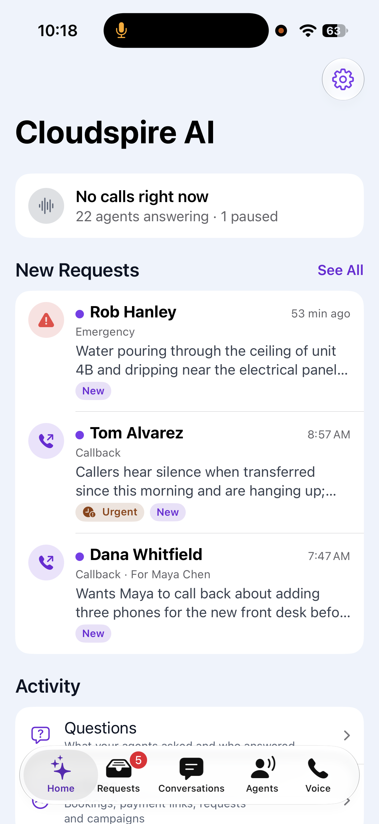 The AI side of the Cloudspire app: agents answering, new requests, and Questions and Actions