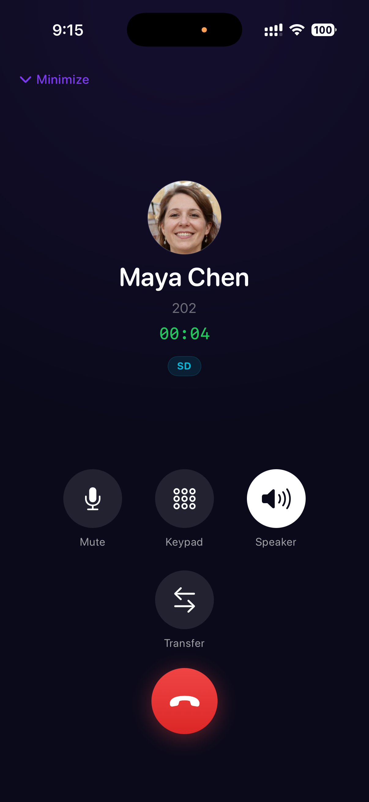 iOS active-call screen with the Dynamic Audio Quality SD badge visible — the app auto-switches HD/SD based on real-time network stats so calls survive cellular handoffs and weak WiFi