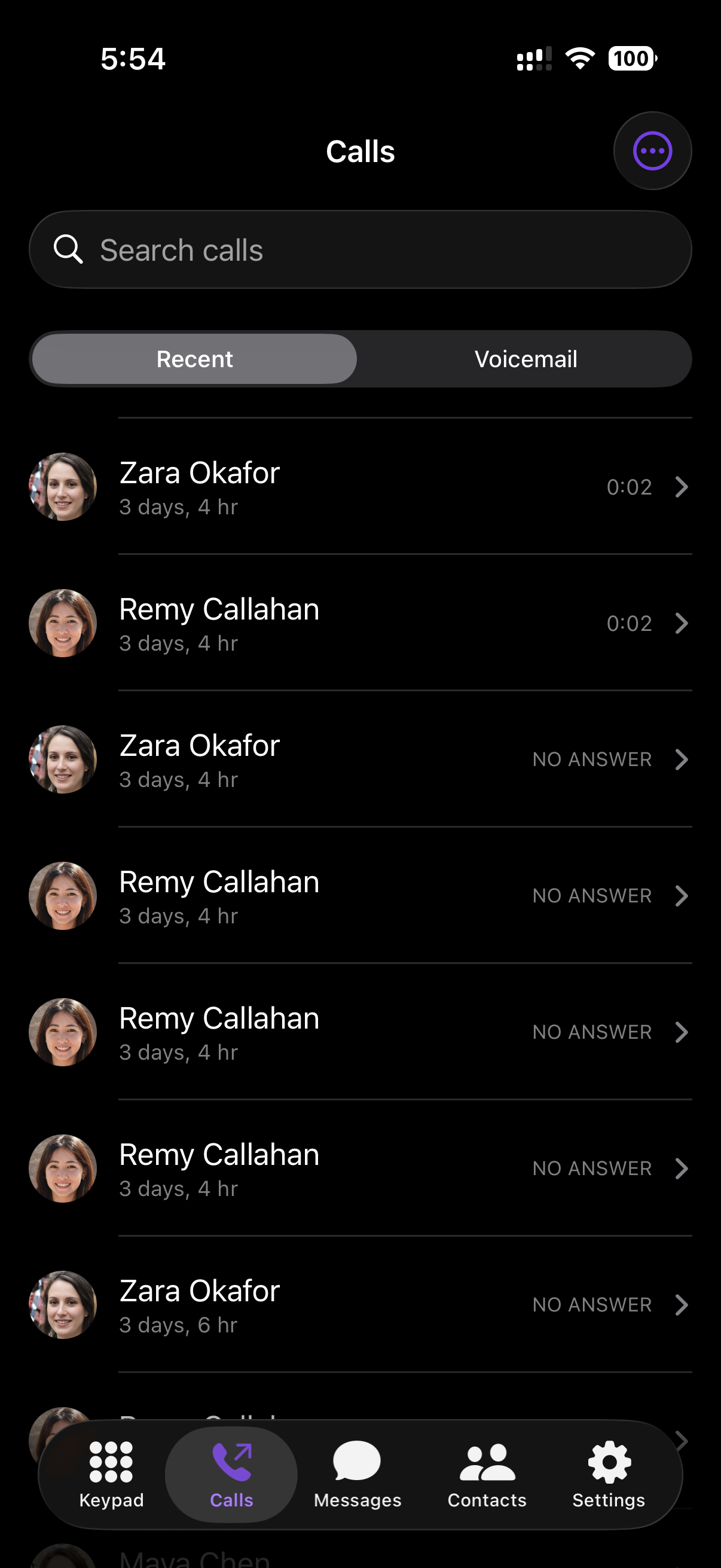 iOS call history screen