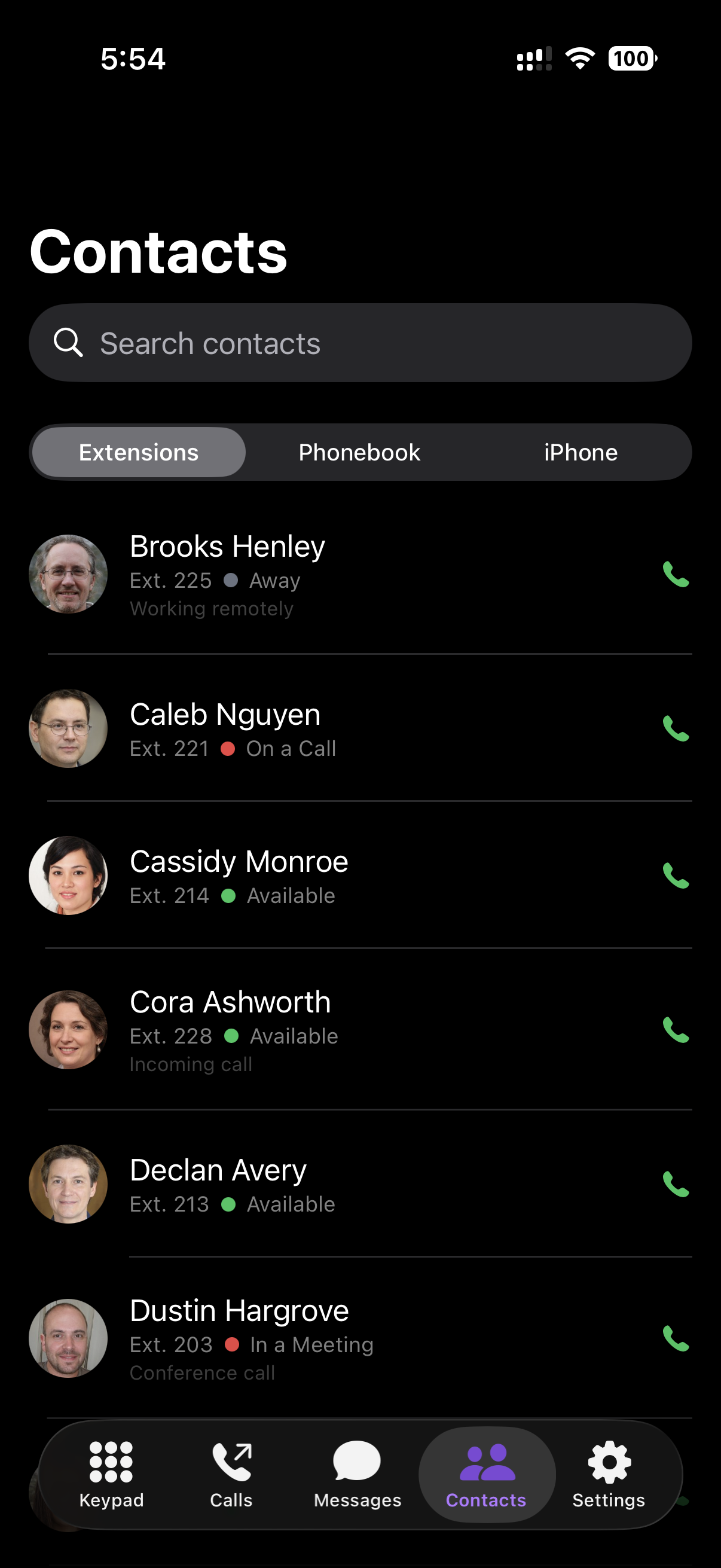 iOS contacts and presence screen