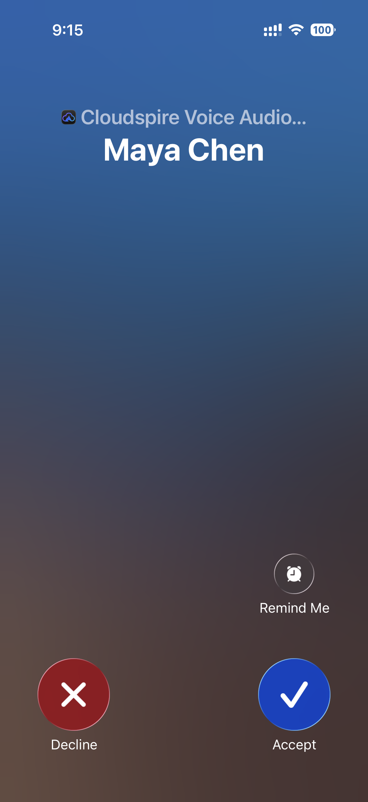 iPhone lock screen showing an incoming Cloudspire Voice call from Maya Chen with Decline, Accept, and Remind Me actions — calls ring on the lock screen like any native iPhone call