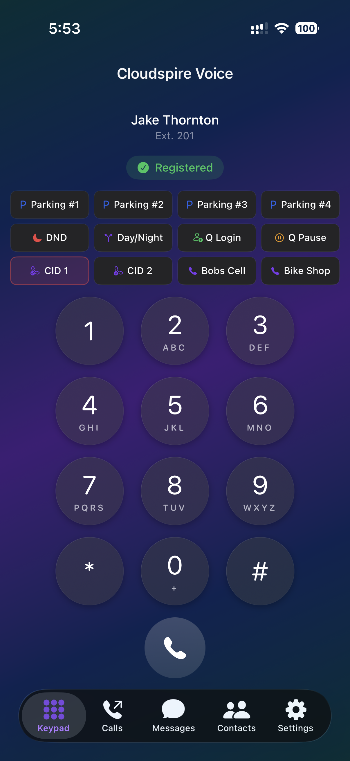 iOS app keypad with BLF quick-action keys — the iOS surface dials from the same extension as the desk phone and browser softphone
