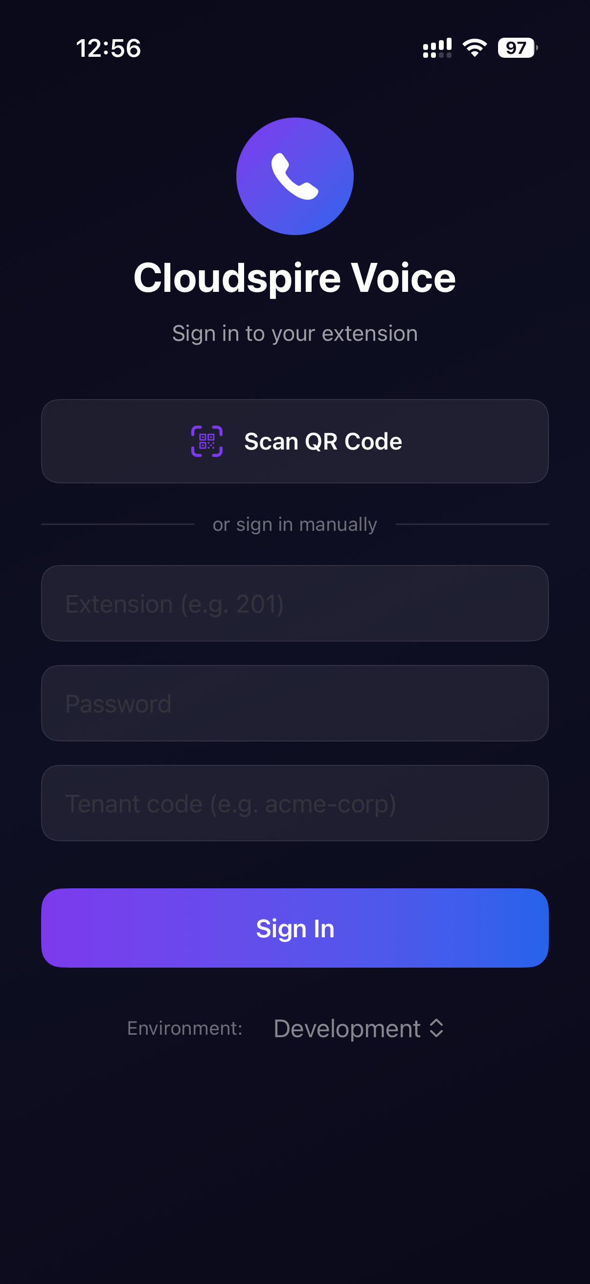 iOS login screen with QR scan option