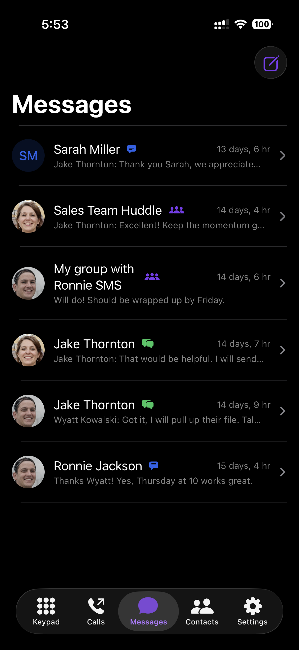 iOS messages screen with SMS, MMS, and team chat