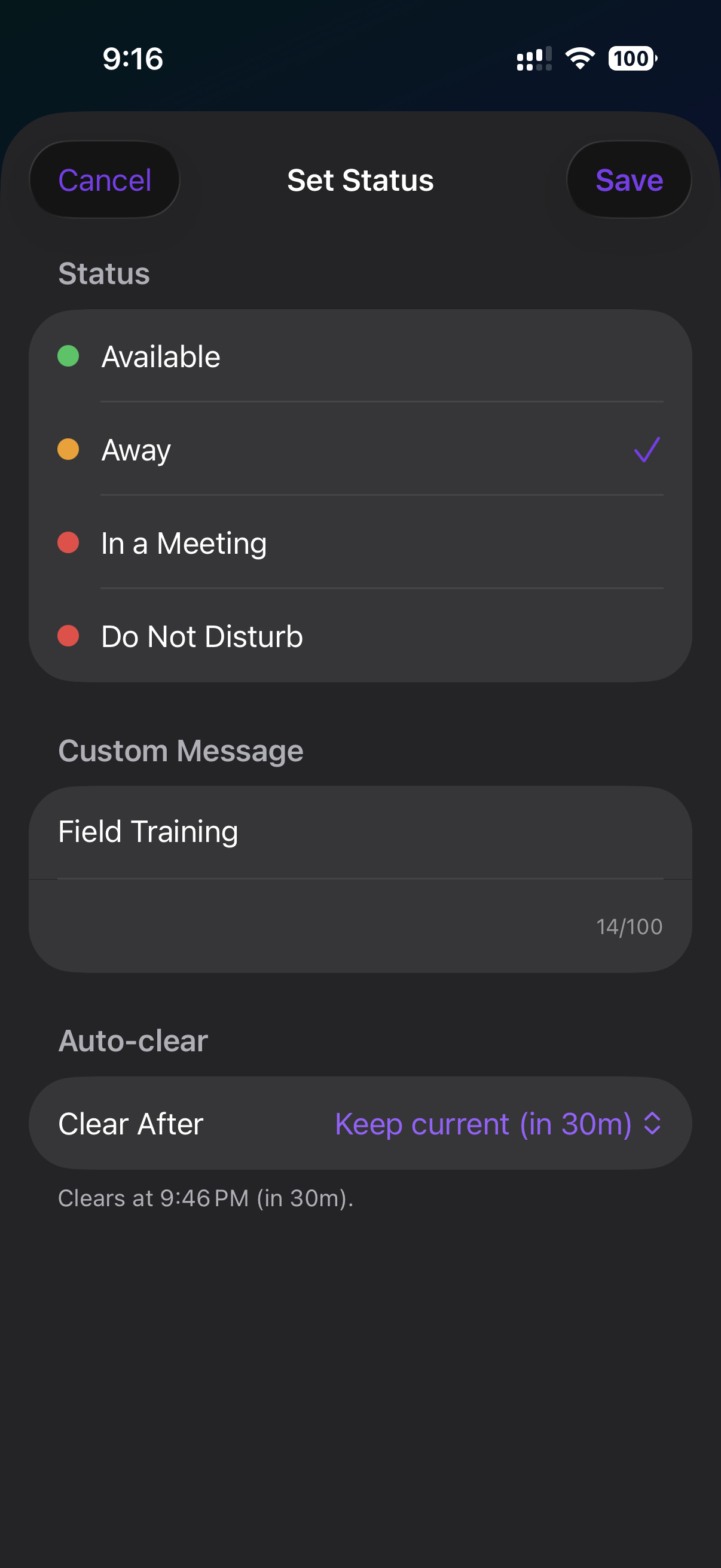 iOS presence picker with status options and auto-clear time