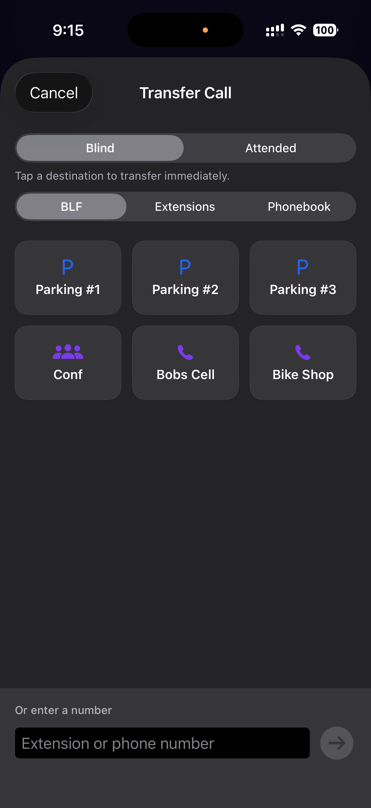 iOS transfer call sheet with Blind/Attended segmented control and BLF keys for parking, conference, and frequent contacts