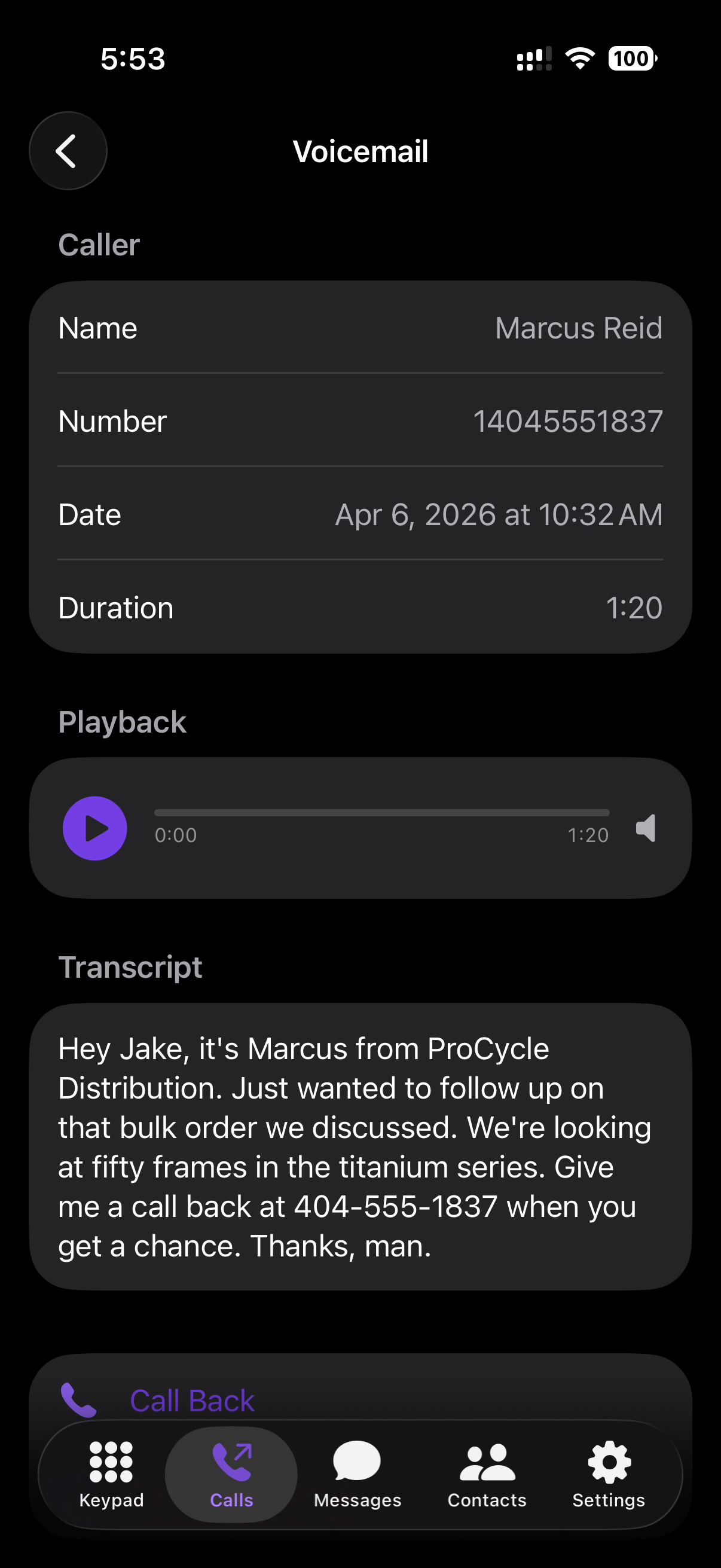 iOS voicemail screen showing message with AI transcript inline
