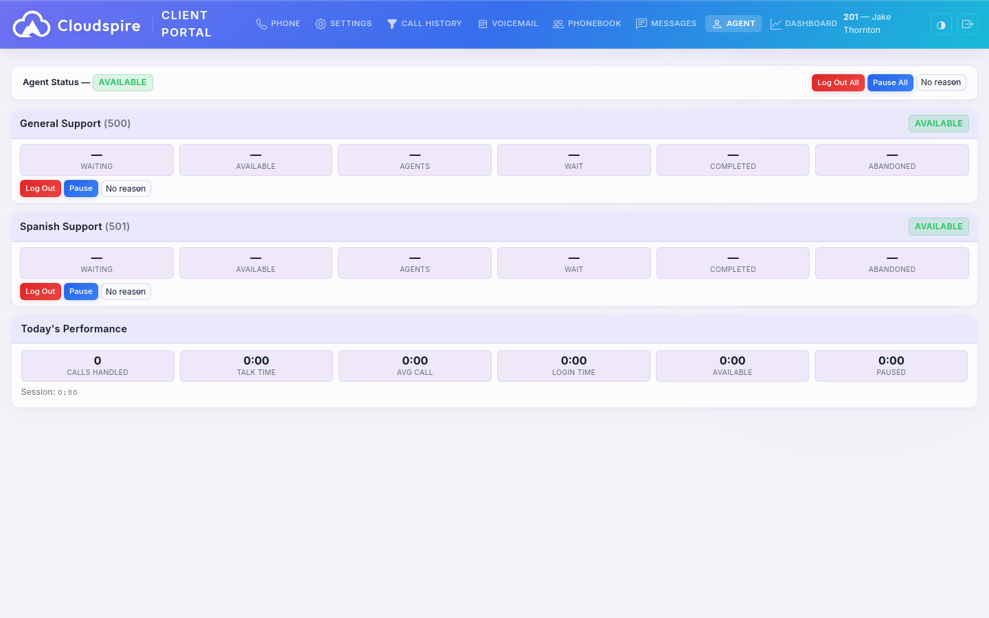 Agent queue controls with login, pause, and real-time queue statistics
