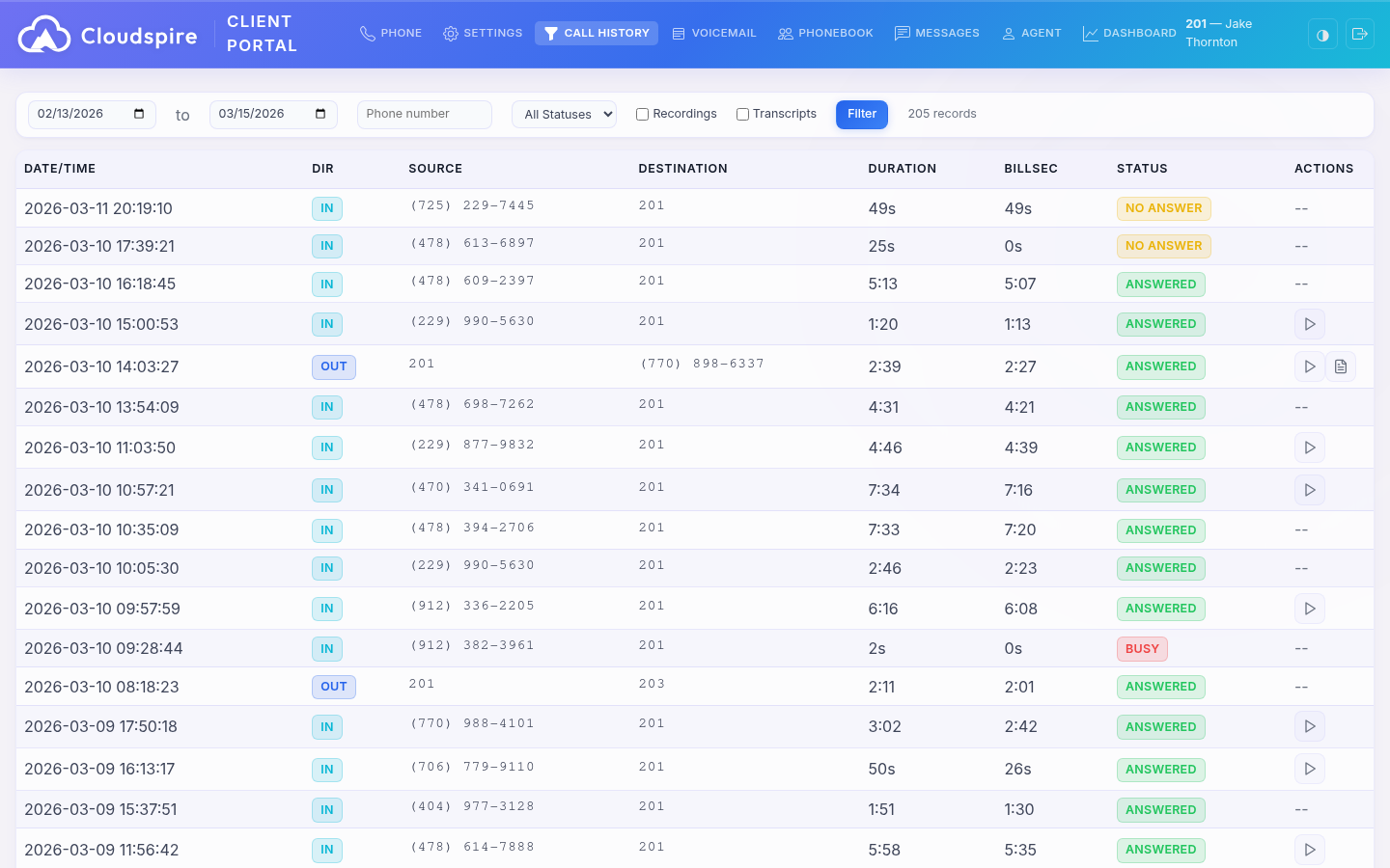 Call history with recording playback, caller ID, duration, and search filters
