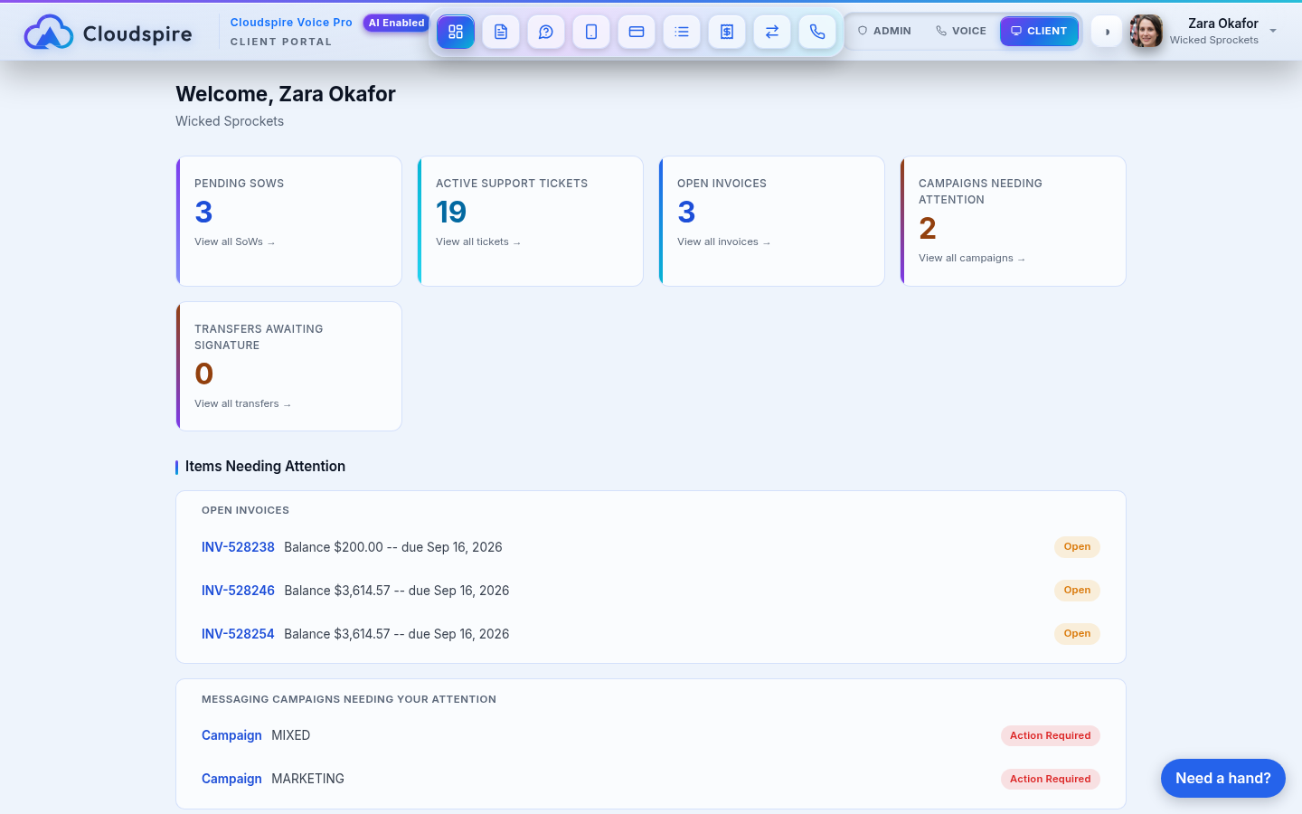 Client portal dashboard with open invoices, support tickets, campaigns, and account self-service