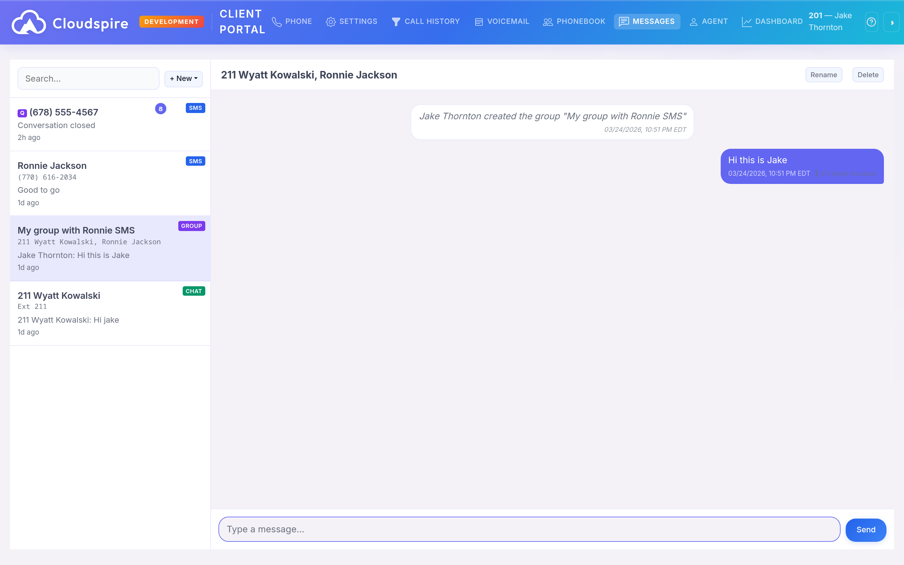Unified messaging interface showing group conversation with internal team members and external SMS participants