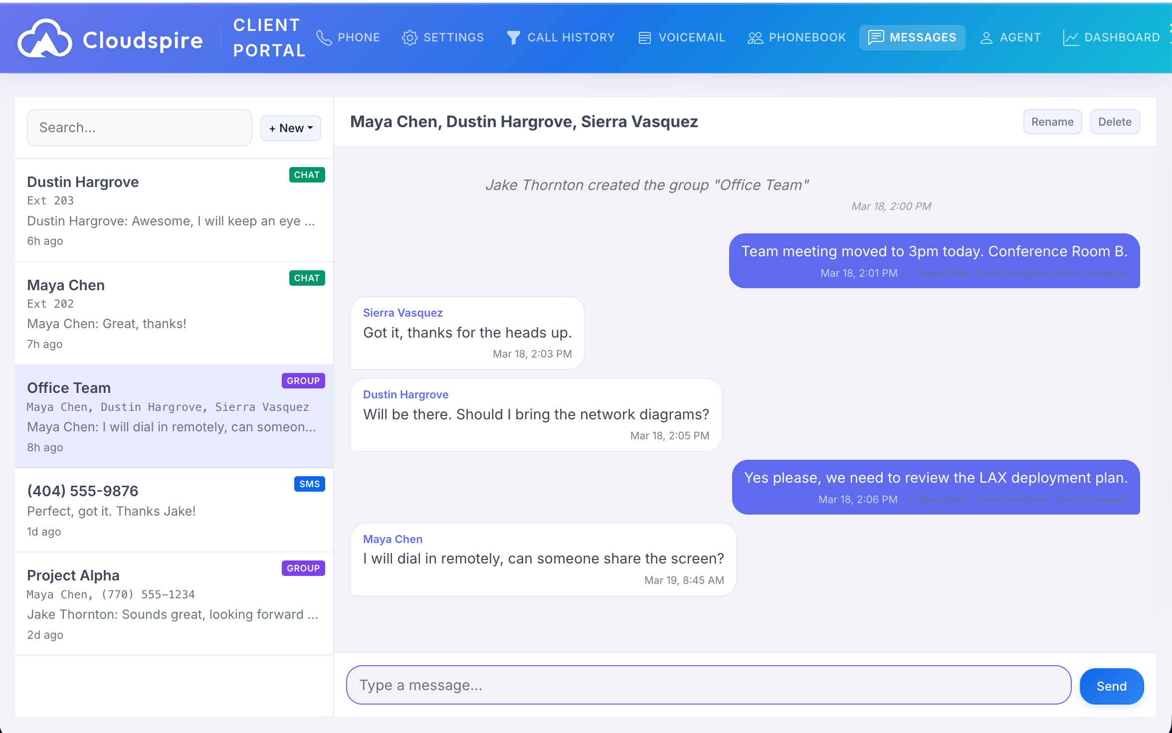 Unified messaging inbox showing conversation list with direct, group, and SMS threads