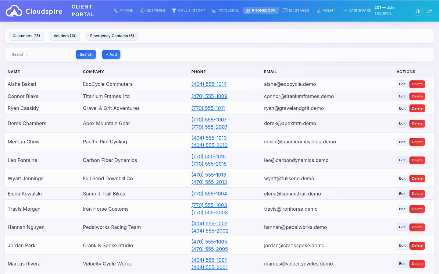 Company phonebook with search, click-to-call, click-to-message, and contact details
