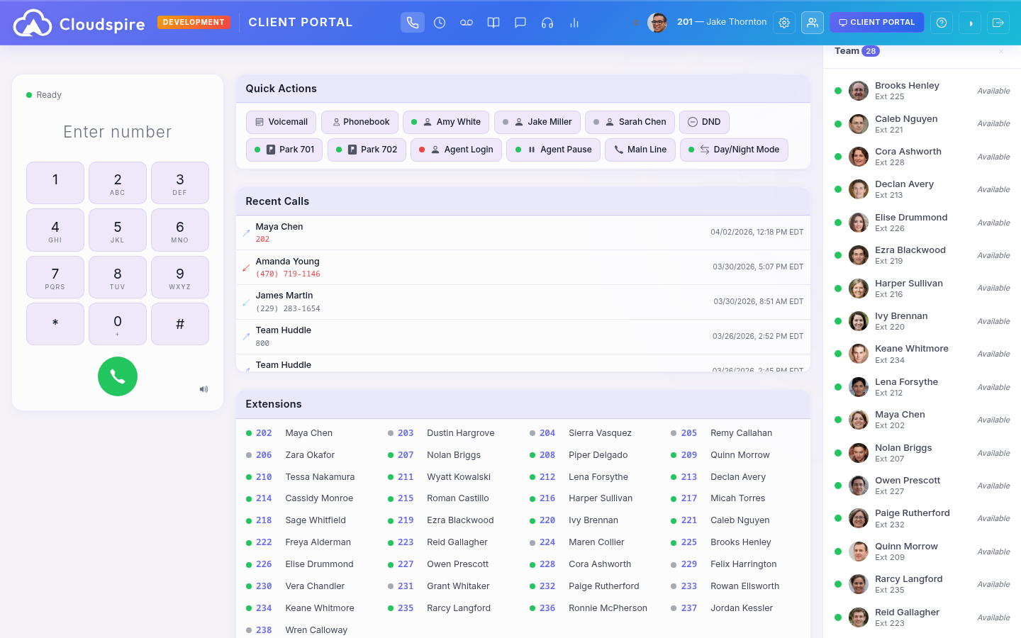 Team presence sidebar showing profile photos, availability status, and custom status messages