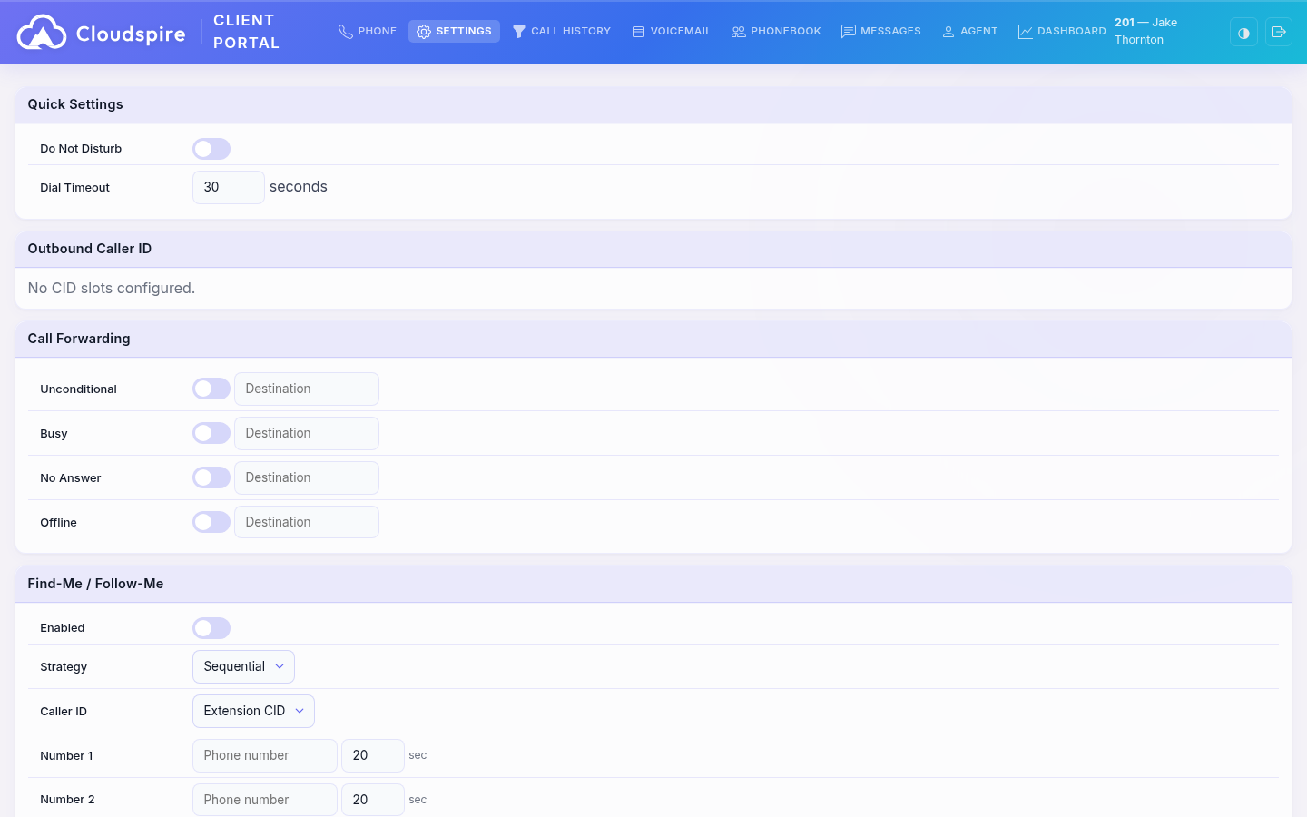 User settings for call forwarding, voicemail, caller ID, and preferences