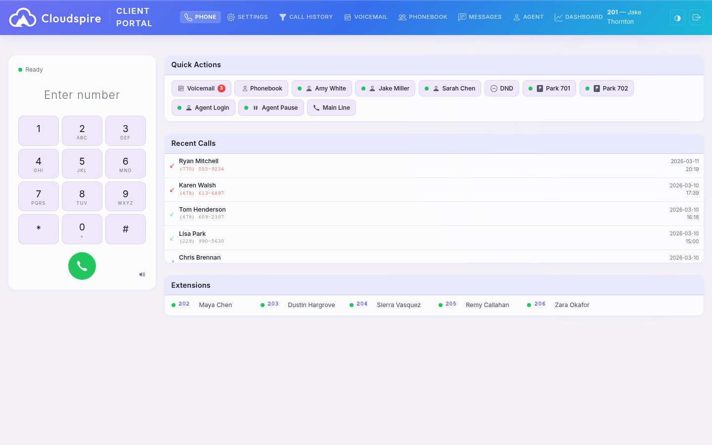 Customer portal with WebRTC softphone, BLF keys, and call history
