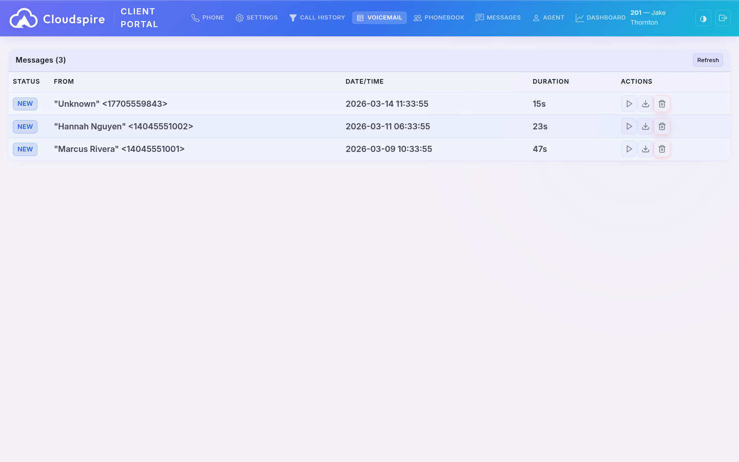 Visual voicemail inbox with message list, playback, and management controls